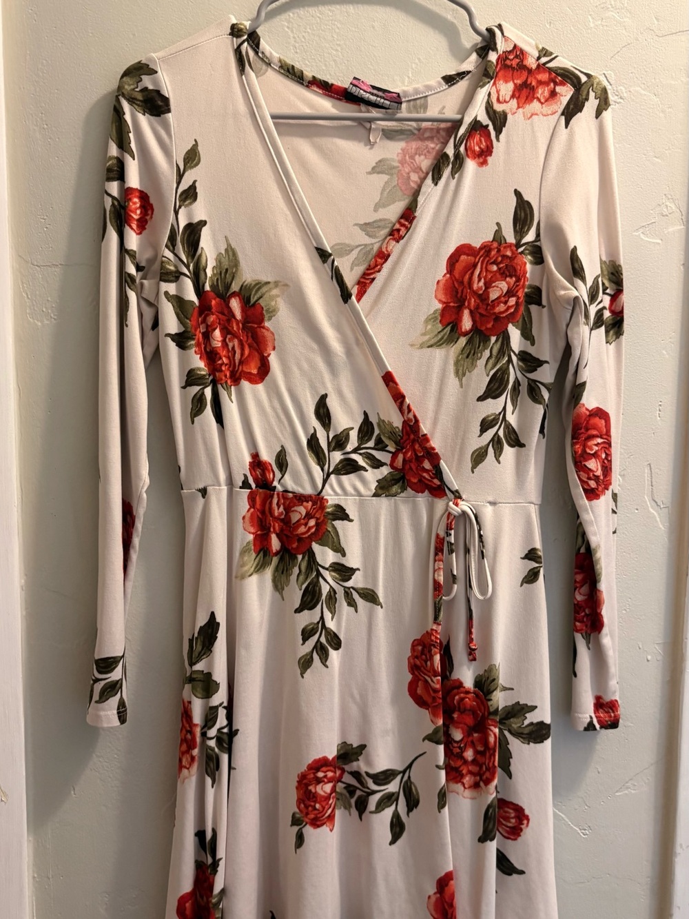White Floral Wrap Mini Dress with Red Roses